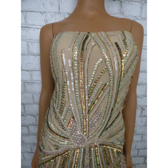$1400 Jean Louis Scherrer Sequin Beaded Beize Mini Sheath Dress Small NEW - Picture 2 of 13